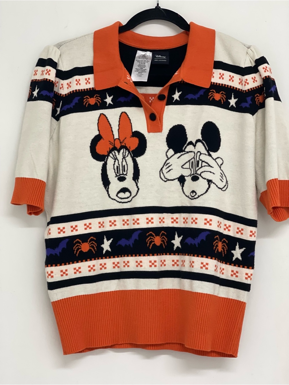 Disney Halloween Women’s Orange & Cream Minnie & Mickey Polo Sweater Top